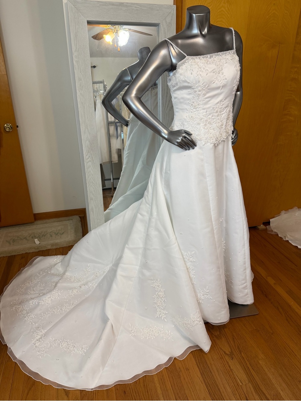David's Bridal White Spaghetti-Strap Embroidered Wedding Gown